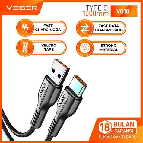 Kabel data VEGER V 108 TYPE C QC3.0 fast quick charging 1meter ( 1 toples isi 20 )